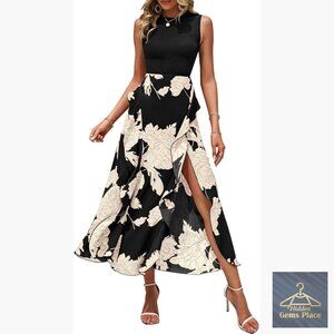 Sleeveless Midi Dress Crew Neck Patchwork Boho Floral Ruffle A-Line Summer